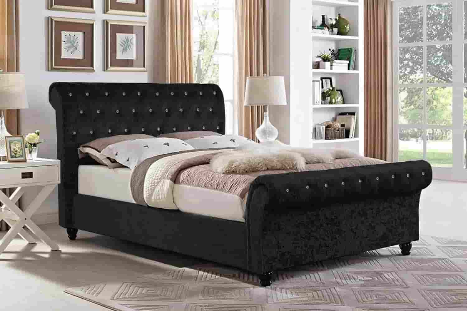 Sleigh Bed Black Crush Velvet UK | Buy Velvet Sleigh Beds Online